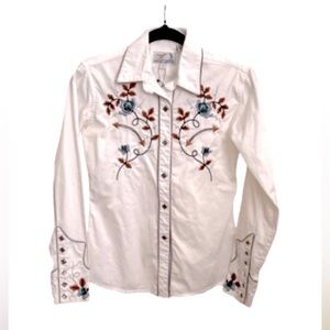 NWOT Retro Western Floral Embroidered Pearl Snap Up White Shirt Blouse, Sz Small